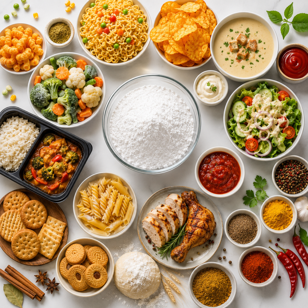I+G flavour enhancer powder displayed with potato chips, instant noodles, soups, sauces, frozen foods, ready-to-eat meals, pasta, biscuits, grilled meat and Indian spices, showcasing diverse food industry applications.