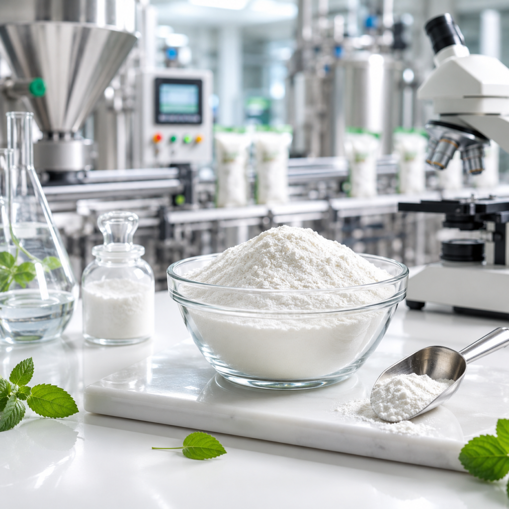 Premium food-grade I+G flavour enhancer powder in a glass bowl with laboratory equipment and modern food manufacturing facility, representing quality assurance and industrial food ingredient production.