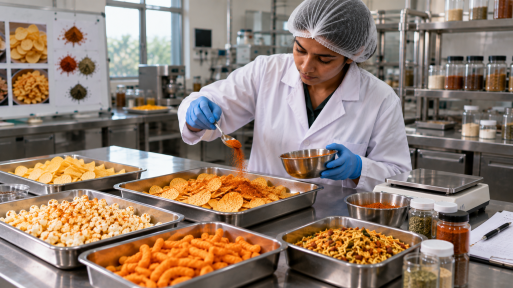 Custom seasoning blends being produced for snack brands in a food manufacturing facility