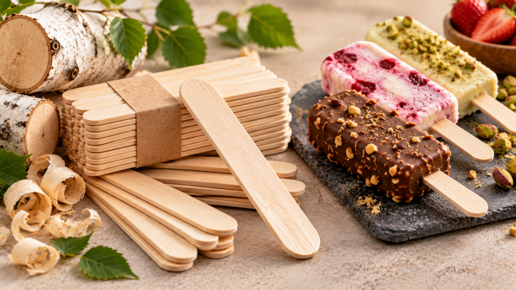 Birchwood vs bamboo ice cream sticks comparison showing natural wooden sticks for frozen desserts