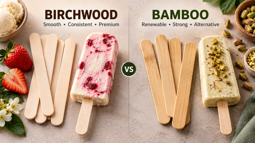 Birchwood vs bamboo ice cream sticks comparison showing natural wooden sticks for frozen desserts
