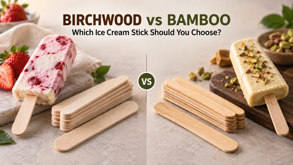 Birchwood vs bamboo ice cream sticks comparison showing natural wooden sticks for frozen desserts