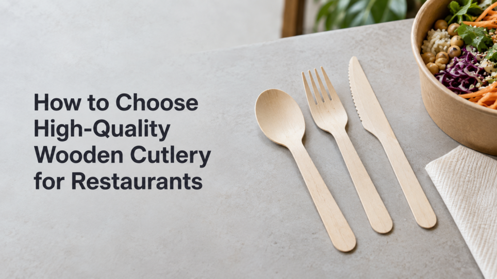 Wooden spoon, fork and knife beside a takeaway bowl, with the title “How to Choose High-Quality Wooden Cutlery for Restaurants”.