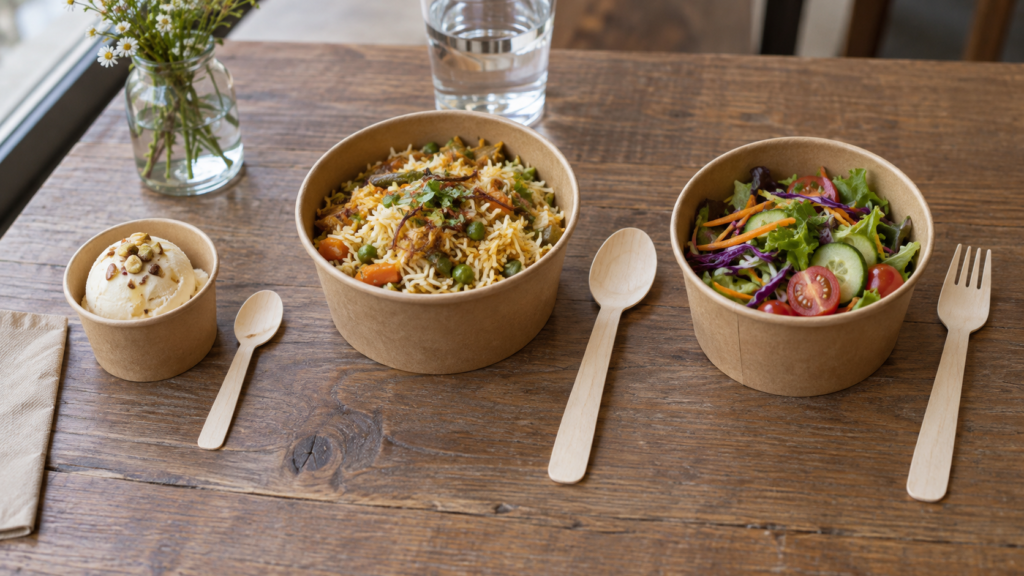 Wooden spoon, fork and knife beside a takeaway bowl, with the title “How to Choose High-Quality Wooden Cutlery for Restaurants”.