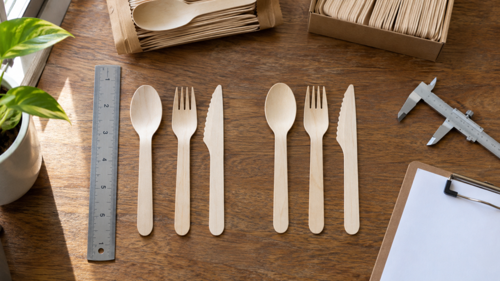 Wooden spoon, fork and knife beside a takeaway bowl, with the title “How to Choose High-Quality Wooden Cutlery for Restaurants”.