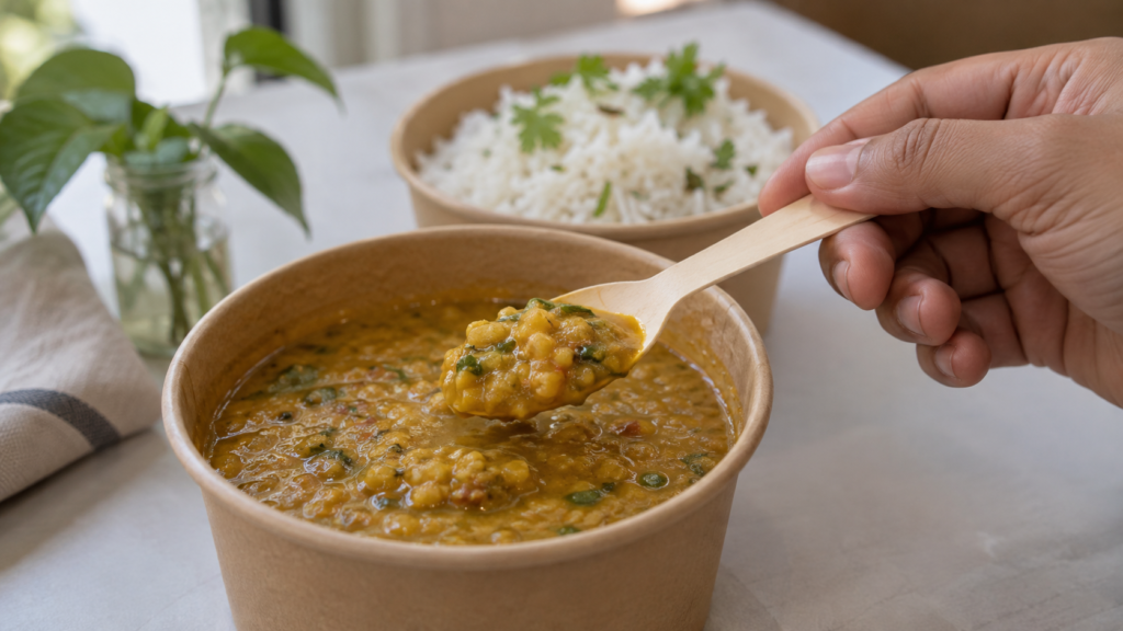 Wooden spoon, fork and knife beside a takeaway bowl, with the title “How to Choose High-Quality Wooden Cutlery for Restaurants”.