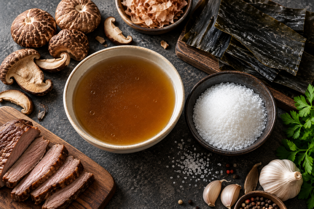 Umami-rich ingredients used with I+G flavour enhancer in food formulation