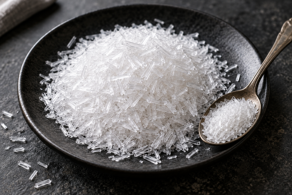Close-up of MSG (E621) crystals, the monosodium glutamate flavour enhancer found in packaged foods and namkeen.