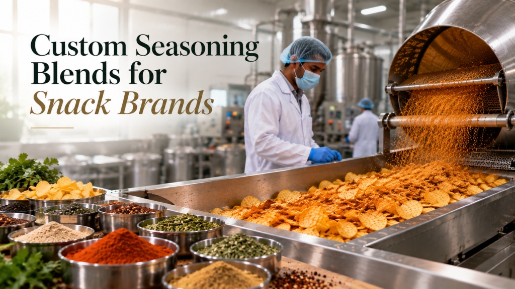 Custom seasoning blends being produced for snack brands in a food manufacturing facility