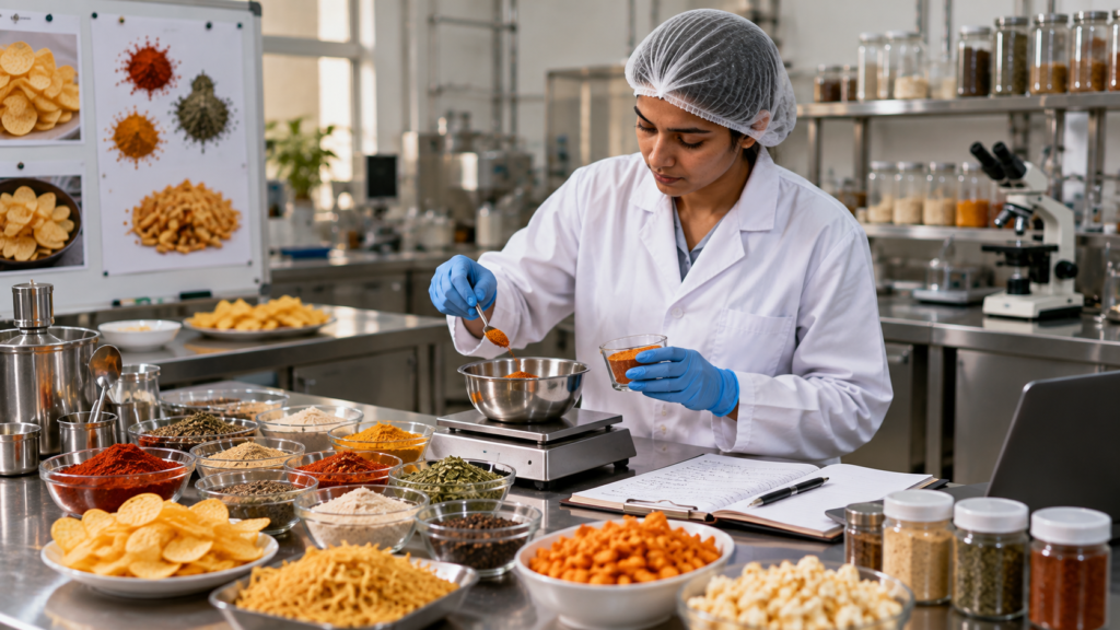 Custom seasoning blends being produced for snack brands in a food manufacturing facility