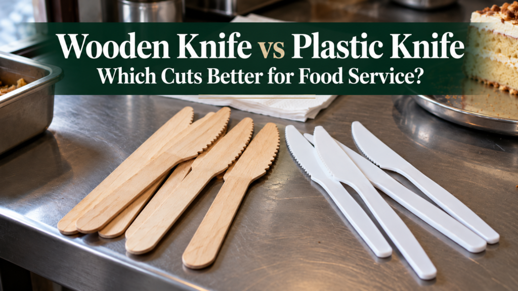 Disposable wooden knives and plastic knives placed side by side on a food service counter
