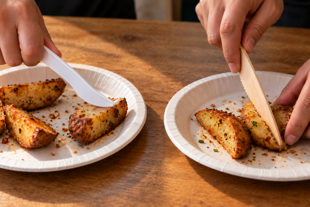 -Disposable wooden knives and plastic knives placed side by side on a food service counter