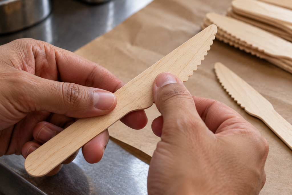 -Disposable wooden knives and plastic knives placed side by side on a food service counter