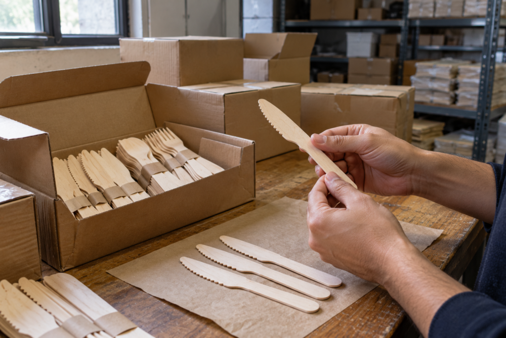 -Disposable wooden knives and plastic knives placed side by side on a food service counter