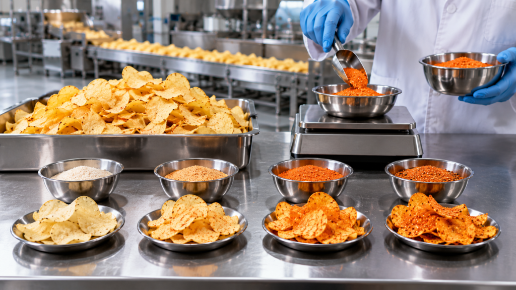 Potato chips seasoning per kg in an industrial snack manufacturing process
