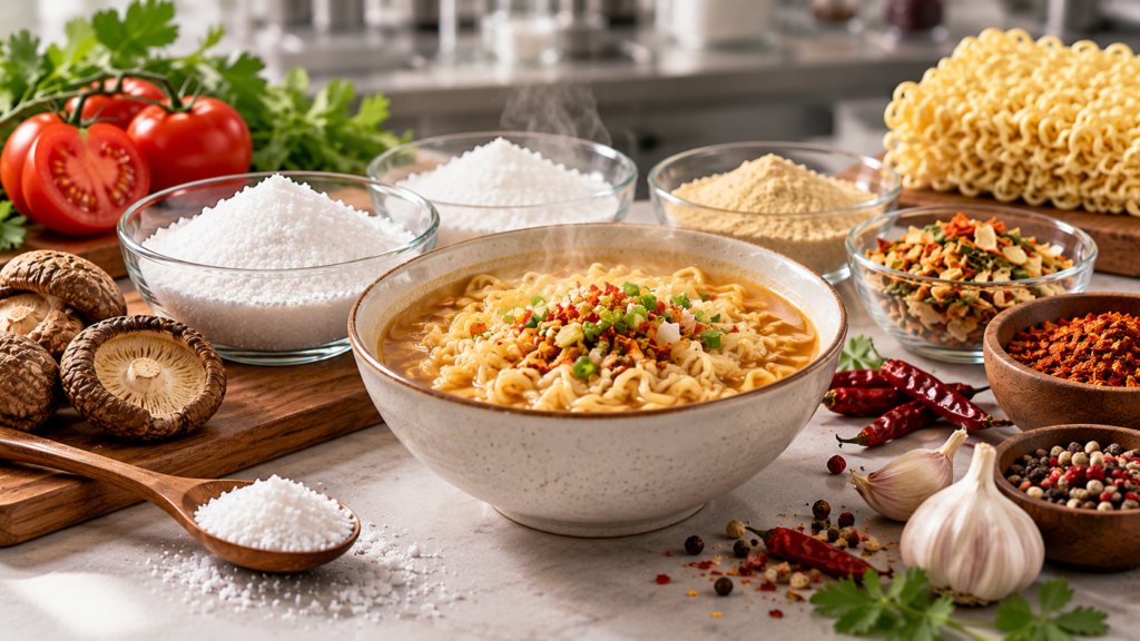 I+G flavour enhancer powder with instant noodles, spices and seasoning ingredients.