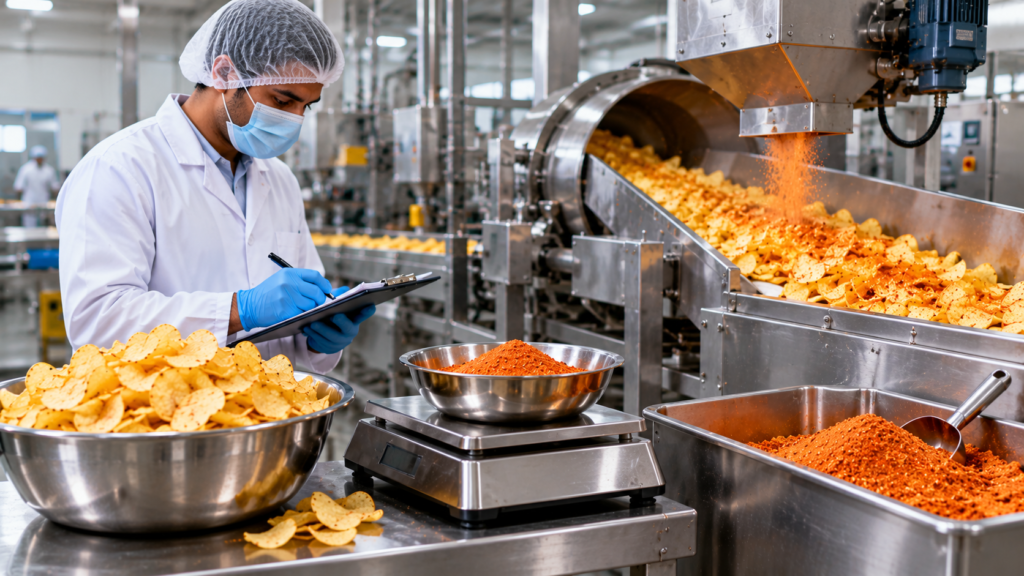 Potato chips seasoning per kg in an industrial snack manufacturing process