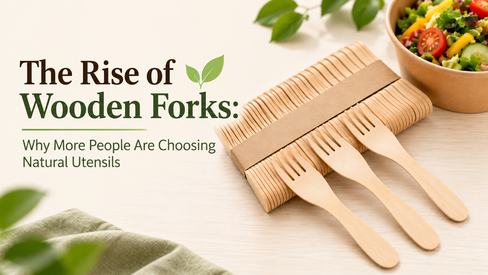 Wooden fork with disposable wooden cutlery and fresh salad