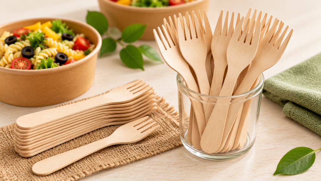 Wooden fork with disposable wooden cutlery and fresh salad