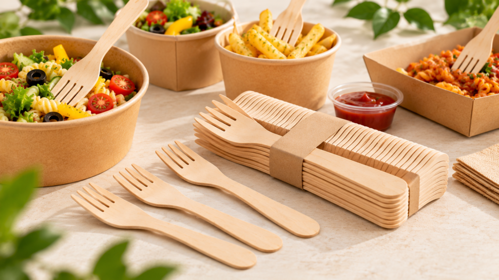Wooden fork with disposable wooden cutlery and fresh salad