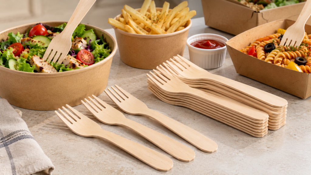 Wooden fork with disposable wooden cutlery and fresh salad
