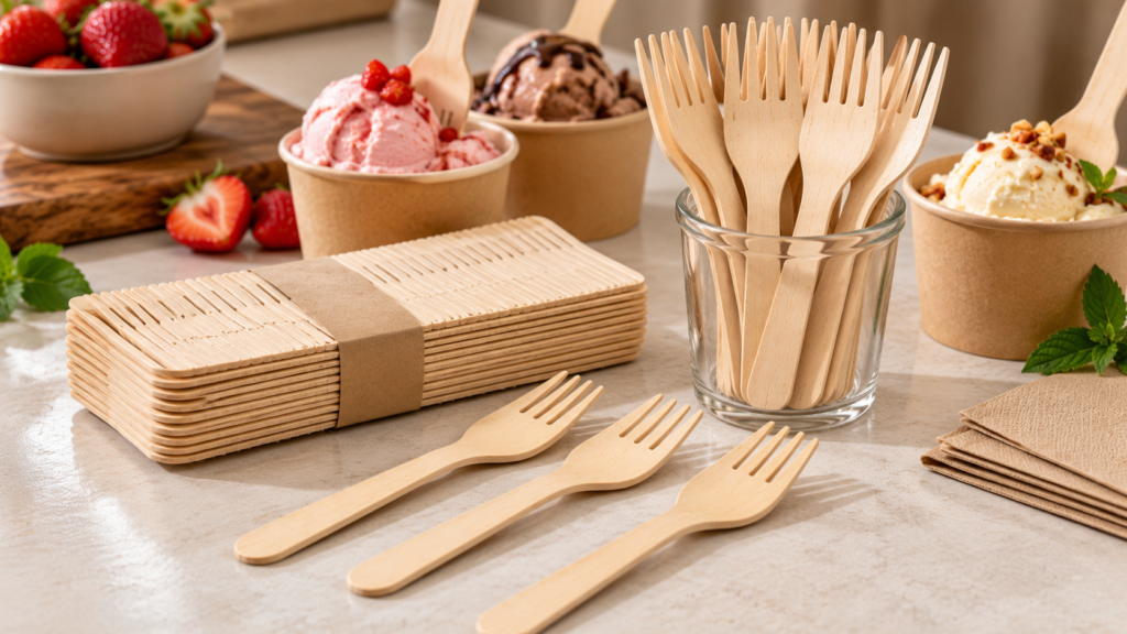 Wooden fork with disposable wooden cutlery and fresh salad